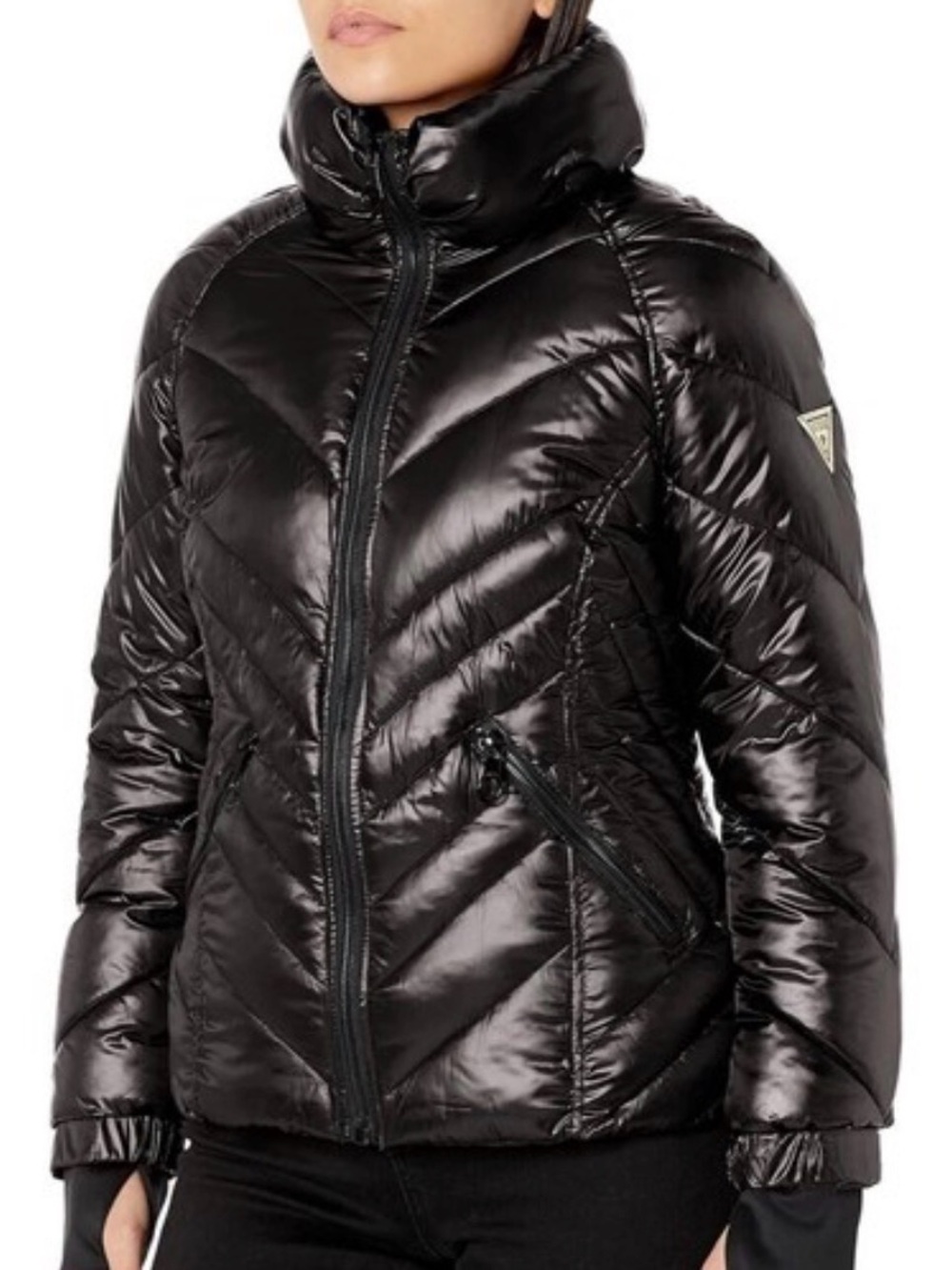 Guess Black Quilted Puffer Coat with Logo Patch